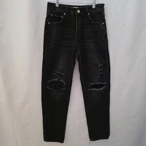 ZGY Rebound Free People Jeans Distressed Black Midrise Relaxed Barrel Leg Sz28
